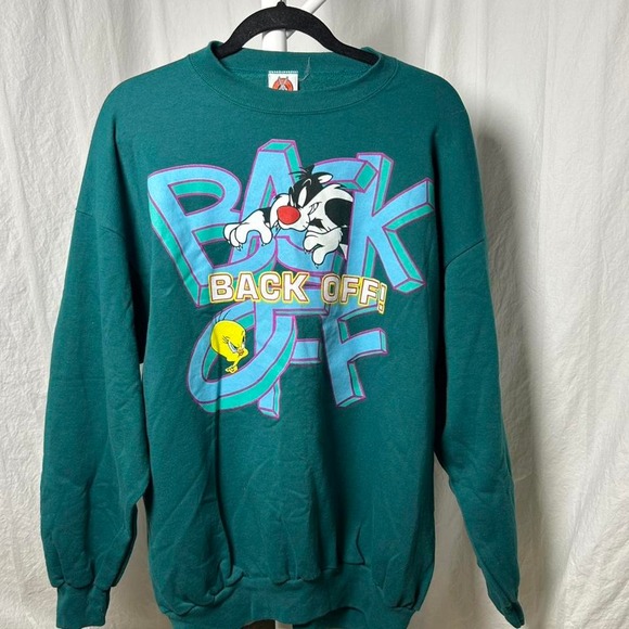 Looney Tunes Mania Tops - Vtg 90s Looney Tunes Tweety Bird Back Off Sweatshirt‎ Green 1997 XXL